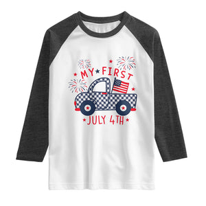 My First July 4th Gingham Vintage Truck Americana Raglan Shirt Patriotic Fireworks Independence Holiday Milestone