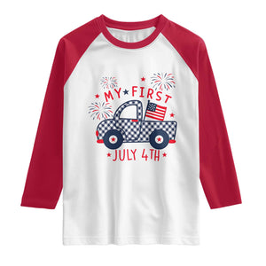 My First July 4th Gingham Vintage Truck Americana Raglan Shirt Patriotic Fireworks Independence Holiday Milestone