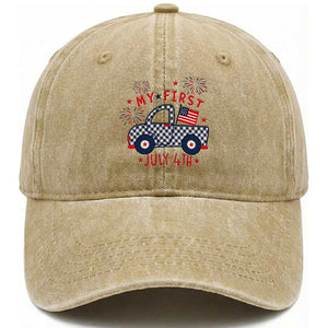 My First July 4th Gingham Vintage Truck Americana Washed Cotton Baseball Cap Patriotic Fireworks Independence Holiday Milestone