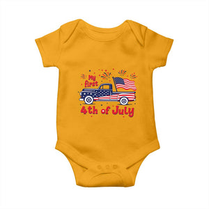 My First 4th of July Retro American Flag Pickup Truck Baby Onesie Americana Patriotic Independence Holiday Milestone