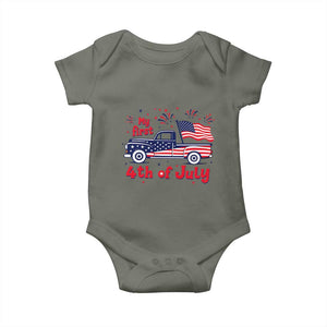 My First 4th of July Retro American Flag Pickup Truck Baby Onesie Americana Patriotic Independence Holiday Milestone