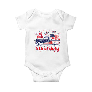 My First 4th of July Retro American Flag Pickup Truck Baby Onesie Americana Patriotic Independence Holiday Milestone