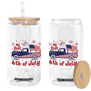 My First 4th of July Retro American Flag Pickup Truck Glass Can Americana Patriotic Independence Holiday Milestone