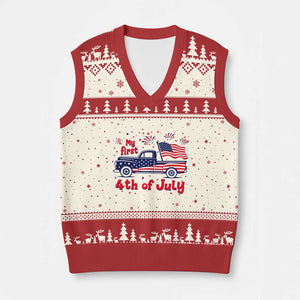 My First 4th of July Retro American Flag Pickup Truck V-Neck Knit Sweater Vest Americana Patriotic Independence Holiday Milestone