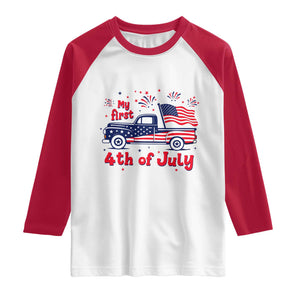 My First 4th of July Retro American Flag Pickup Truck Raglan Shirt Americana Patriotic Independence Holiday Milestone