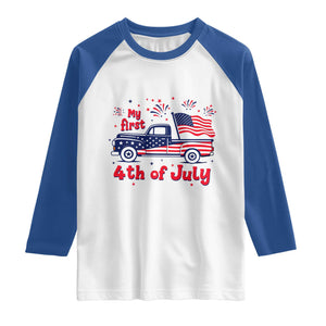 My First 4th of July Retro American Flag Pickup Truck Raglan Shirt Americana Patriotic Independence Holiday Milestone