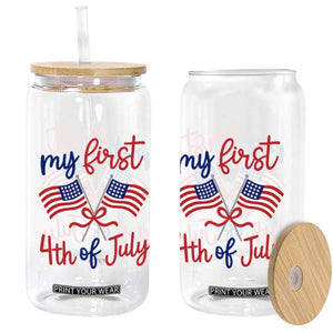 My First 4th of July Crossed American Flags Bow Glass Can Patriotic Baby Girl Holiday Milestone