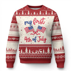 My First 4th of July Crossed American Flags Bow Ugly Christmas Sweater Patriotic Baby Girl Holiday Milestone