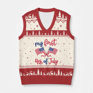 My First 4th of July Crossed American Flags Bow V-Neck Knit Sweater Vest Patriotic Baby Girl Holiday Milestone