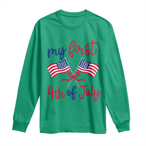 My First 4th of July Crossed American Flags Bow Long Sleeve Shirt Patriotic Baby Girl Holiday Milestone
