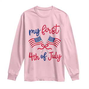 My First 4th of July Crossed American Flags Bow Long Sleeve Shirt Patriotic Baby Girl Holiday Milestone