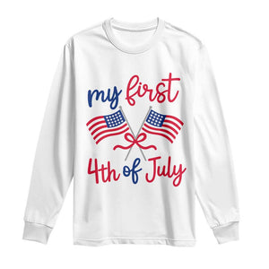 My First 4th of July Crossed American Flags Bow Long Sleeve Shirt Patriotic Baby Girl Holiday Milestone