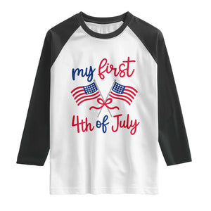 My First 4th of July Crossed American Flags Bow Raglan Shirt Patriotic Baby Girl Holiday Milestone
