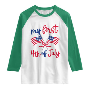My First 4th of July Crossed American Flags Bow Raglan Shirt Patriotic Baby Girl Holiday Milestone