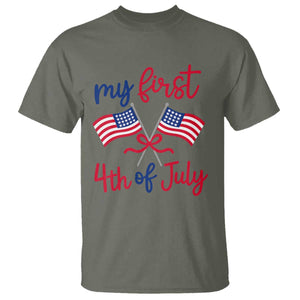 My First 4th of July Crossed American Flags Bow T Shirt Patriotic Baby Girl Holiday Milestone