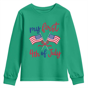 My First 4th of July Crossed American Flags Bow Youth Sweatshirt Patriotic Baby Girl Holiday Milestone