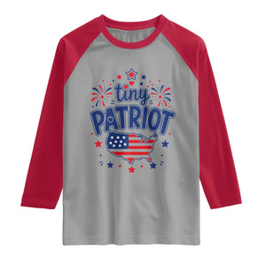 Tiny Patriot 4th of July Fireworks Raglan Shirt USA Map American Flag Red White and Blue Patriotic Holiday