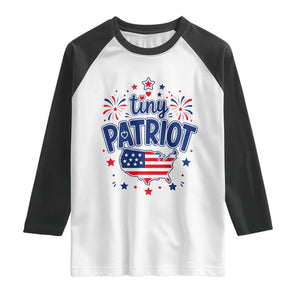 Tiny Patriot 4th of July Fireworks Raglan Shirt USA Map American Flag Red White and Blue Patriotic Holiday