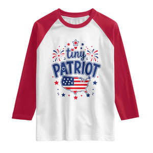 Tiny Patriot 4th of July Fireworks Raglan Shirt USA Map American Flag Red White and Blue Patriotic Holiday