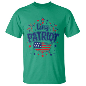 Tiny Patriot 4th of July Fireworks T Shirt USA Map American Flag Red White and Blue Patriotic Holiday