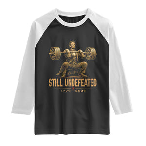 Funny Abraham Lincoln Squatting Barbell Semiquincentennial Raglan Shirt Still Undefeated 1776 to 2026 Muscular President Gym Bodybuilder
