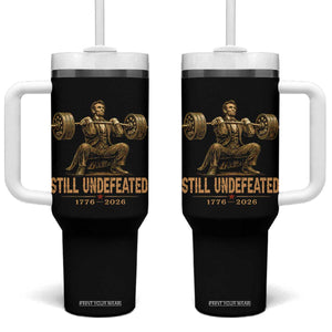 Funny Abraham Lincoln Squatting Barbell Semiquincentennial Tumbler With Handle Still Undefeated 1776 to 2026 Muscular President Gym Bodybuilder