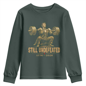 Funny Abraham Lincoln Squatting Barbell Semiquincentennial Youth Sweatshirt Still Undefeated 1776 to 2026 Muscular President Gym Bodybuilder