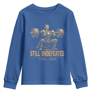 Funny Abraham Lincoln Squatting Barbell Semiquincentennial Youth Sweatshirt Still Undefeated 1776 to 2026 Muscular President Gym Bodybuilder