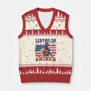 Living In America Funny Patriotic Heavyweight Boxer V-Neck Knit Sweater Vest Vintage Distressed Flag Uncle Sam Hat Boxing Champion