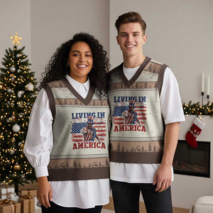 Living In America Funny Patriotic Heavyweight Boxer V-Neck Knit Sweater Vest Vintage Distressed Flag Uncle Sam Hat Boxing Champion