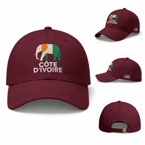 Proud Côte d'Ivoire Elephant Ivory Coast Flag Baseball Cap Ivorian Pride Retro Souvenir TS02 Baseball Cap Universal Fit Maroon Print Your Wear