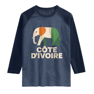 Proud Côte d'Ivoire Elephant Ivory Coast Flag Raglan Shirt Ivorian Pride Retro Souvenir TS02 Heather Denim Navy Print Your Wear