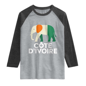 Proud Côte d'Ivoire Elephant Ivory Coast Flag Raglan Shirt Ivorian Pride Retro Souvenir TS02 Heather Gray Heather Charcoal Print Your Wear