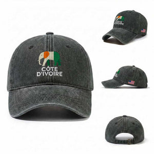 Proud Côte d'Ivoire Elephant Ivory Coast Flag Washed Cotton Baseball Cap Ivorian Pride Retro Souvenir TS02 Washed Cap Universal Fit Dark Green Print Your Wear