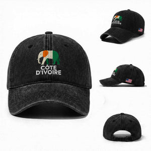 Proud Côte d'Ivoire Elephant Ivory Coast Flag Washed Cotton Baseball Cap Ivorian Pride Retro Souvenir TS02 Washed Cap Universal Fit Black Print Your Wear