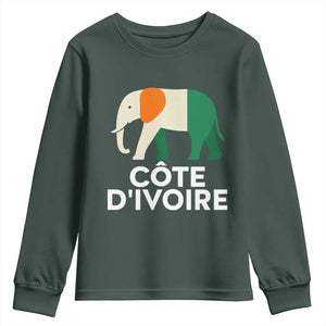 Proud Côte d'Ivoire Elephant Ivory Coast Flag Youth Sweatshirt Ivorian Pride Retro Souvenir TS02 Dark Forest Green Print Your Wear