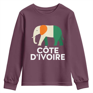 Proud Côte d'Ivoire Elephant Ivory Coast Flag Youth Sweatshirt Ivorian Pride Retro Souvenir TS02 Maroon Print Your Wear
