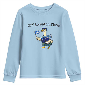Funny Scottish Goose Scotland Football Youth Sweatshirt Off to Watch Fitba Soccer Fans Meme TS02 Light Blue Print Your Wear