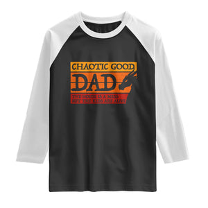 Chaotic Good Dad Funny Tabletop Gamer Parenting Raglan Shirt Retro Sunset Vintage Fantasy Graphic