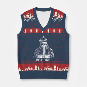 Retro Bowl Cut Music Icon Rip Memorial V-Neck Knit Sweater Vest 1993 2026 Internet Meme Pop Culture Fan