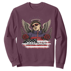 Retro Bowl Cut Music Icon Angel Wings Rest In Peace Sweatshirt American Flag Memorial 1993 2026 Pop Culture Fan