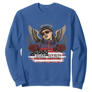 Retro Bowl Cut Music Icon Angel Wings Rest In Peace Sweatshirt American Flag Memorial 1993 2026 Pop Culture Fan