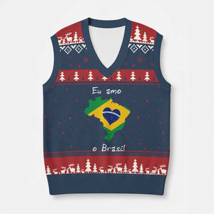 Eu Amo O Brasil Flag Map V-Neck Knit Sweater Vest I Love Brazil Patriotic Heart Brazilian Pride