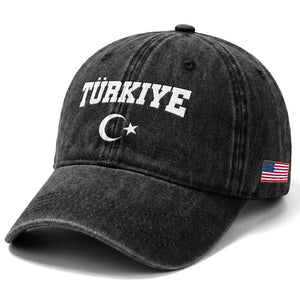 Vintage Proud Türkiye Flag Crescent and Star Washed Cotton Baseball Cap Patriotic Turkish Turkey Heritage Pride