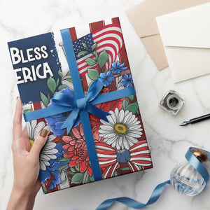 God Bless America Patriotic Floral Wrapping Paper Roll Red White Blue Daisy Bouquet 4th of July Independence Day Celebration TS02 Print Your Wear