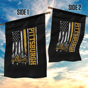 Pittsburgh City Skyline Roberto Clemente Bridge Graphic Garden Flag American Flag Yellow Bridge City Hometown Pride