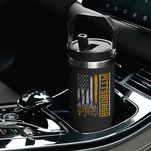 Pittsburgh City Skyline Roberto Clemente Bridge Graphic Flip Straw Tumbler American Flag Yellow Bridge City Hometown Pride