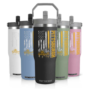 Pittsburgh City Skyline Roberto Clemente Bridge Graphic Flip Straw Tumbler American Flag Yellow Bridge City Hometown Pride