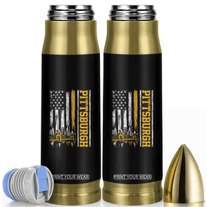 Pittsburgh City Skyline Roberto Clemente Bridge Graphic Bullet Tumbler American Flag Yellow Bridge City Hometown Pride