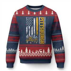 Pittsburgh City Skyline Roberto Clemente Bridge Graphic Ugly Christmas Sweater American Flag Yellow Bridge City Hometown Pride